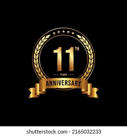 11 years anniversary celebration logotype with golden laurel and wreath, for booklet, leaflet, magazine, brochure poster, banner, web, invitation or greeting card. Vector illustrations.