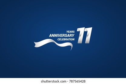 11 Years Anniversary celebration logotype white colored, using ribbon and isolated on blue background