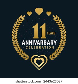 Diseño vectorial de celebración de 11 años, números de colores dorados lujosos y diseño de aniversario de elemento 11 años.