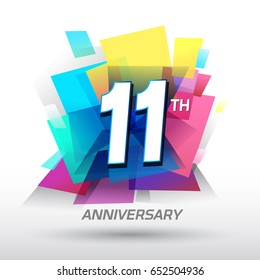 11 years Anniversary with confetti and celebration background, logo design template