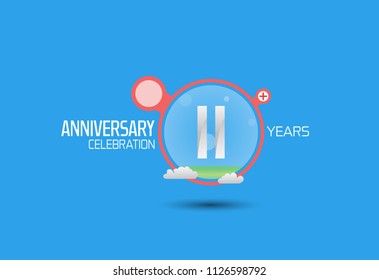 11 years anniversary design with pop art style red circle and cloud isolated on blue background