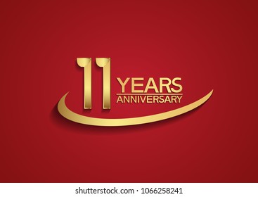 11 years anniversary design with swoosh golden color isolated on red background for celebration
