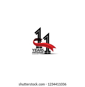 11 years anniversary flat black color and red ribbon isolated on white background