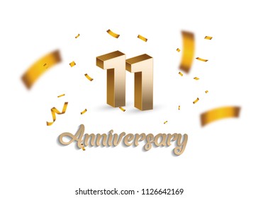 11 Years Anniversary with golden 3d number and blur confetti isolated on white background