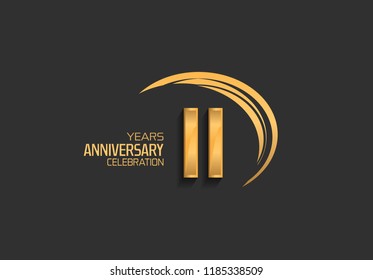 11 years anniversary golden design logotype with swoosh. Vector template for use in celebration company event, greeting card, and invitation card