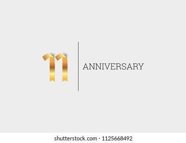 11 Years Anniversary Golden Ribbon Form Number Font. Isolated On White Background.  