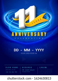 11 years anniversary invitation card - celebration template design , 11th anniversary modern design elements, dark blue background - vector illustration