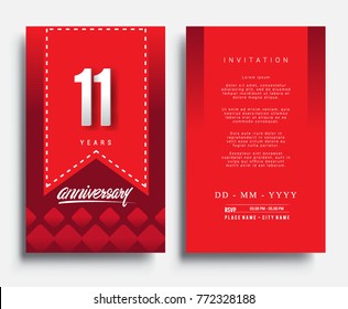 11 Years Anniversary Invitation/Greeting Card with Flat Design and Elegant, Isolated on Red Background. Vector illustration.