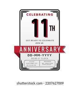 11 Years Anniversary Logo Celebration and Invitation Card with red ribbon Isolated on white Background