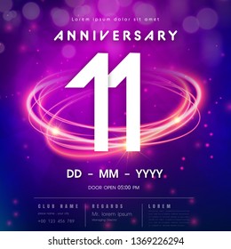 11 years anniversary logo template on purple Abstract futuristic space background. 11th modern technology design celebrating numbers with Hi-tech network digital technology concept design elements.