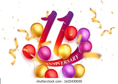 11 years anniversary logo template design on white background and balloons. 11th anniversary celebration background with red ribbon and balloons. Party poster or brochure template.