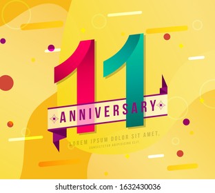 11 years anniversary logo template on yellow Abstract modern background. 11th modern background design celebrating numbers with colorful background concept design elements.