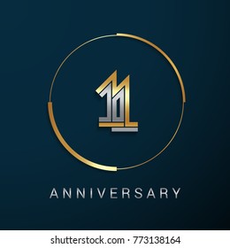 11 Years Anniversary Logotype with  Gold and Silver Multi Linear Number in a Golden Circle , Isolated on Dark Background