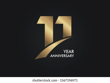  11 Years Anniversary logotype with golden colored font numbers made of Slice, isolated on black background for company celebration event, birthday - Vector