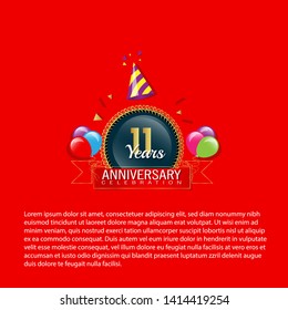 11 years anniversary - modern design celebrating. 11 years anniversary celebration simple logo. ribbon,balloon, gold emblem 