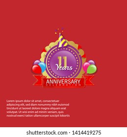 11 years anniversary - modern design celebrating. 11 years anniversary celebration simple logo. ribbon,balloon, gold emblem 