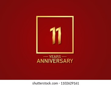 11 years anniversary with square golden colored, isolated on red background