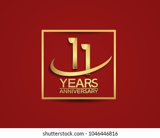11 years anniversary with square and swoosh golden color isolated on red background for celebration