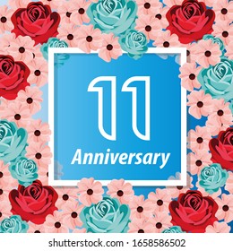 11 Years anniversary. Vector design greeting card with decorative floral for celebration