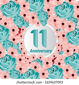11 Years anniversary. Vector design greeting card with decorative floral for celebration