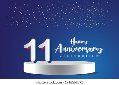 11 Years Anniversary Vector Template Design Illustration. Blue 3d Numbers with podium stage for celebration