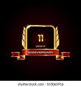 11 years gold anniversary celebration square logo with red ribbon  , isolated on dark background