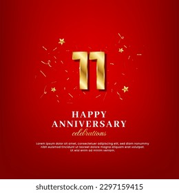 11 years of golden numbers, anniversary celebrating text, ad anniversary congratulation text with golden confetti spread on a red background