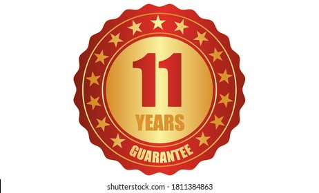 11 Jahre Garantie Stempel Symbol oder eine Garantie Tag, Abzeichen, Etikett. Zertifiziertes Konzept, Vektorgrafik, Logo einzeln auf weißem Hintergrund und goldener roter Text