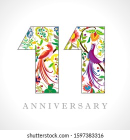 11 years old logotype. 11 th anniversary numbers. Decorative symbol. Age congrats with peacock birds. Isolated abstract graphic design template. Royal colorful digits. Up to 11% percent off discount.