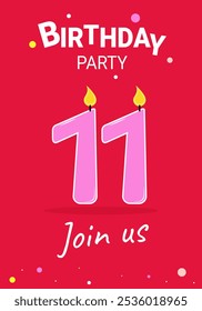 11 years old. Party invitation. Happy birthday. Candle number 11 on pink background.