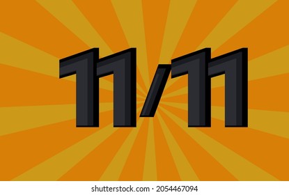 11 11 yellow and black banner for November 11th for promotions and offers with orange sun burst