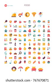 110 flat design icons. Food, drink, cooking, restaurant and more.