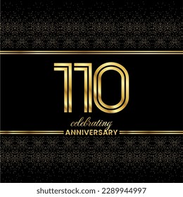 110 Golden Double Line Number. 110 Anniversary invitation cover with glitter separated by golden double lines on a black background