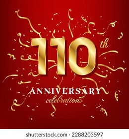 110 golden numbers and anniversary celebrating text with golden confetti spread on a red background