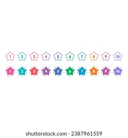 1-10 number buttons for education, business, university, web, internet. 1-10 math numbers in shining stars. numbers 1-10 in colored stars