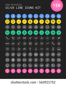 110 UI and UX Material big bold line icons collection, for mobile interfaces, white on bright round material buttons