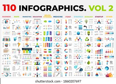 110 Vector Infographic Templates vol 2. Included categories from business or marketing to medicine, ecology and education. Presentation layout.