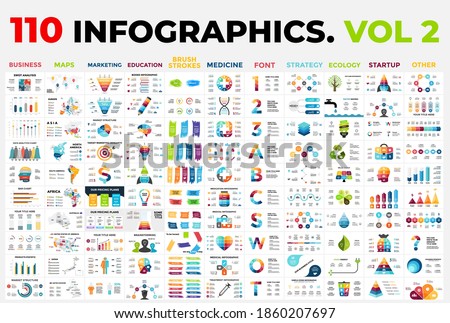 110 Vector Infographic Templates vol 2. Included categories from business or marketing to medicine, ecology and education. Presentation layout.