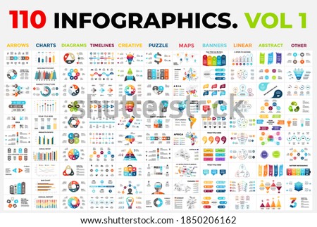 110 Vector Infographics vol 1. Presentation templates includes 11 categories from maps, diagrams or banners to timelines, arrows and creative.