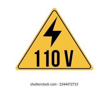 110 volts icon. Yellow board with warning of high voltage and electric shock. Vector isolated on white background