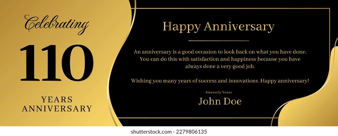 110 years anniversary, a banner speech anniversary template with a gold background combination of black and text that can be replaced