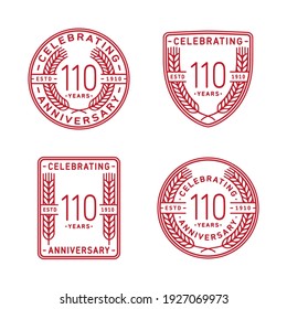 110 years anniversary celebration logotype. 110th anniversary logo collection. Set of anniversary design template. Vector and illustration.