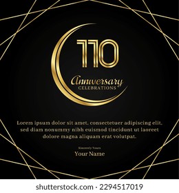 110 años con diseño de media luna, doble línea de números de colores dorados y celebraciones de aniversario de texto con lujosos antecedentes en negro y oro