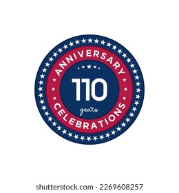 110 years anniversary. Anniversary template design, red and blue colors with stars, design for event, invitation card, greeting card, banner, poster, flyer, book cover and print. Vector Eps10