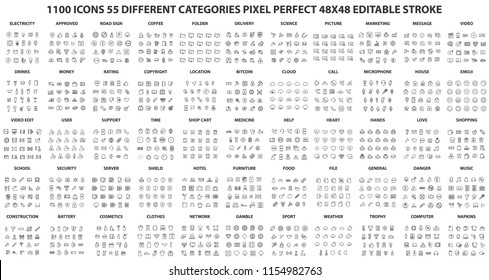 1100 Icons 55 Different Categories Pixel Perfect 48x48 Editable Stroke Vector Icons - Shutterstock ID 1154982763