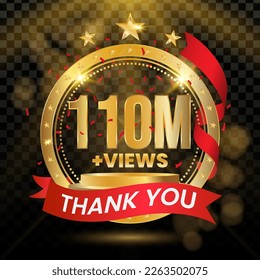 110M+ Views Logotype with Gold and red Confetti Isolated on Black Background(PNG), Vector design for video display celebration.