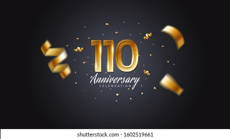110th anniversary celebration Gold numbers with dotted halftone, shadow and sparkling confetti. modern elegant design with black background. for wedding party event decoration. Editable vector EPS 10