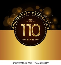 110th Anniversary Celebration. logo design with golden numbers and text for birthday celebration event, invitation, wedding, greeting card, banner, poster, flyer, brochure. Logo Vector Template