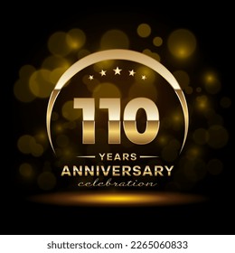 110th Anniversary Celebration. Logo design with golden ring and text for anniversary celebration event, invitation, wedding, greeting card, banner, poster, flyer, brochure. Logo Vector Template