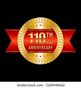 110th Anniversary. Anniversary logo design with gold color text and red ribbon for anniversary celebration event. Logo Vector Illustration